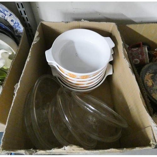 327A - Three boxes of glass china Pyrex dishes, figures etc