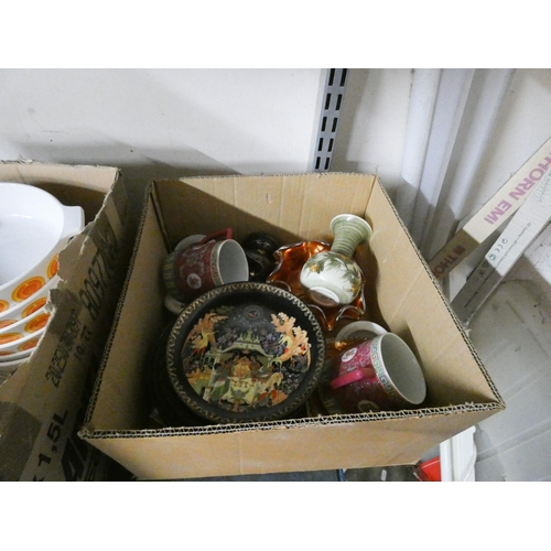 327A - Three boxes of glass china Pyrex dishes, figures etc