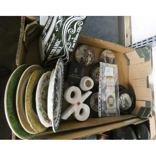 434 - Two boxes of pot lids, plates, Poole pottery figures, elephant figures, etc