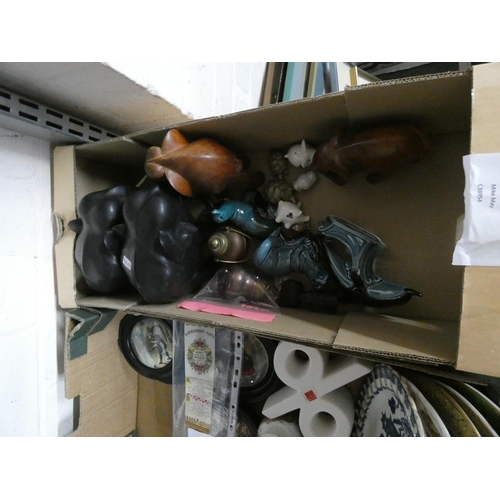 434 - Two boxes of pot lids, plates, Poole pottery figures, elephant figures, etc