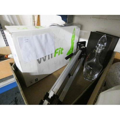 435 - An old box, decanter, tripod and a Wii fit