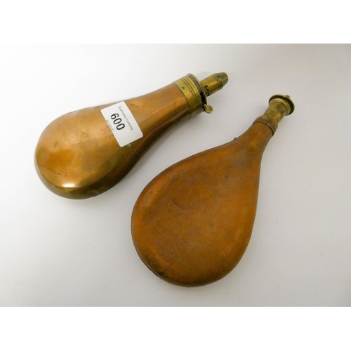 116 - A copper powder flask and a leather and brass mounted powder horn