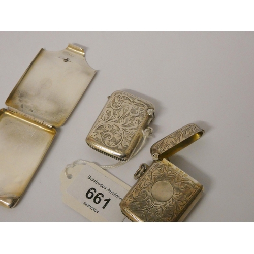 661 - Two hallmarked silver Vestas and a silver aide memoire