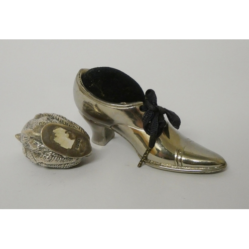 664 - Hallmarked silver novelty chick pin cushion by Sampson Mordan & Co together with a shoe pin cushion