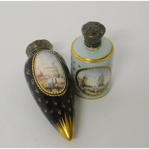 681 - Two 19th century enamel scent bottles decorated with Marine farewell scenes within gilt reserves on ... 