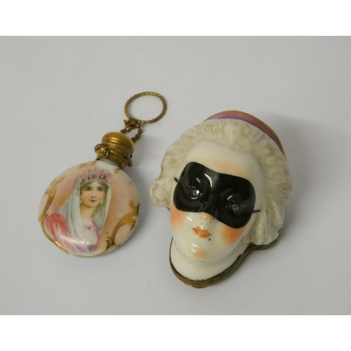 682 - Antique porcelain enamel Bonbonniere modelled as a masked female head with paste eyes with gilt meta... 