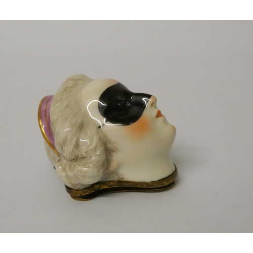 682 - Antique porcelain enamel Bonbonniere modelled as a masked female head with paste eyes with gilt meta... 