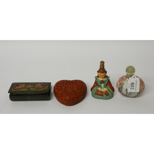 683 - Sitzendorf china man scent flask, oriental painted glass scent bottle, cinnabar lacquer heart shaped... 