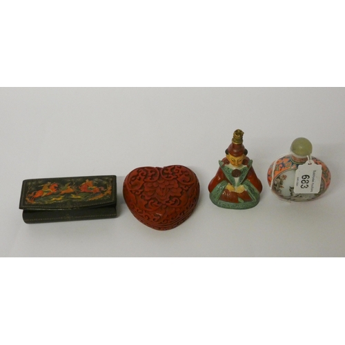 683 - Sitzendorf china man scent flask, oriental painted glass scent bottle, cinnabar lacquer heart shaped... 