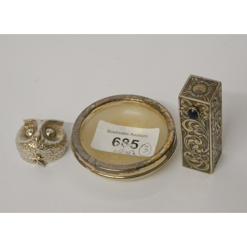 685 - Miniature silver novelty owl shaped trinket box and a ladies vintage white metal lipstick compact an... 