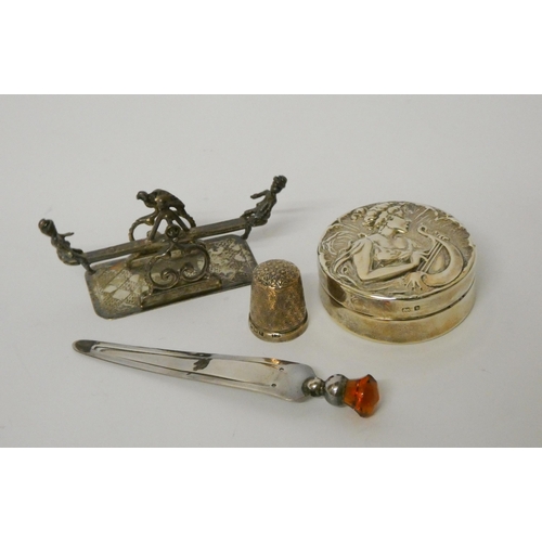 690 - French silver miniature novelty seesaw, a silver bookmark, thimble and circular pill box