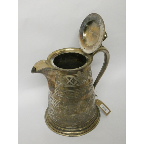 696 - A very large silver plated flagon style jug, with hinged lid and Greek key decoration. 30cms tall