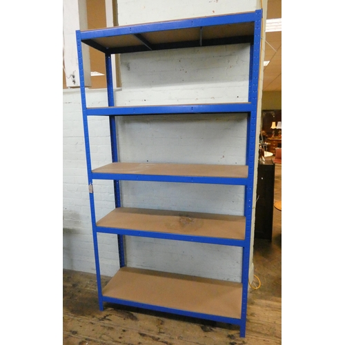 130 - A five tier blue painted metal workshop shelf unit, 4' wide, 7'3 high