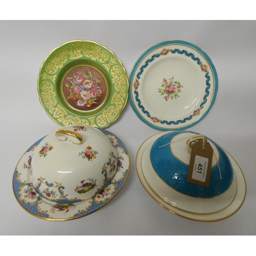 451 - Two Minton circular muffin dishes and covers, Minton plate and a hand painted floral decorated Cauld... 