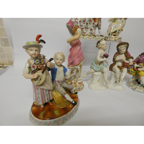 453 - A collection of seven 19th century German porcelain figurines - Augustus Rex and Sitzendorf amongst ... 