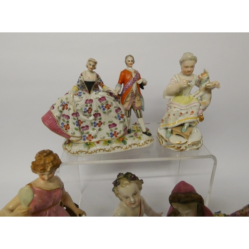 453 - A collection of seven 19th century German porcelain figurines - Augustus Rex and Sitzendorf amongst ... 