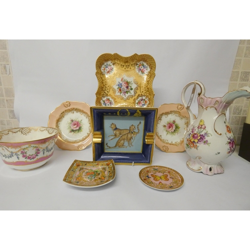 455 - Versace porcelain pin dishes, Paris leopard decorated ashtray, pair of rose painted Hammersley plate... 