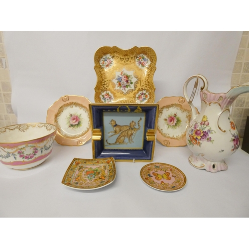 455 - Versace porcelain pin dishes, Paris leopard decorated ashtray, pair of rose painted Hammersley plate... 