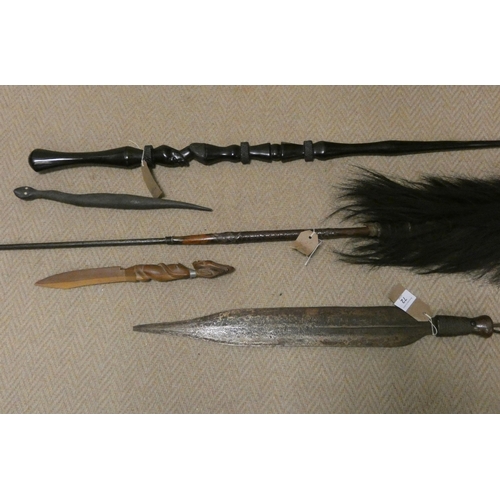 72 - Old sword and three tribal sticks and spear