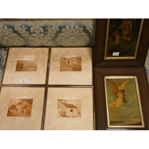 94 - Four small contemporary sepia prints signed Oliver 80, and two Victorian crystoleums of angels