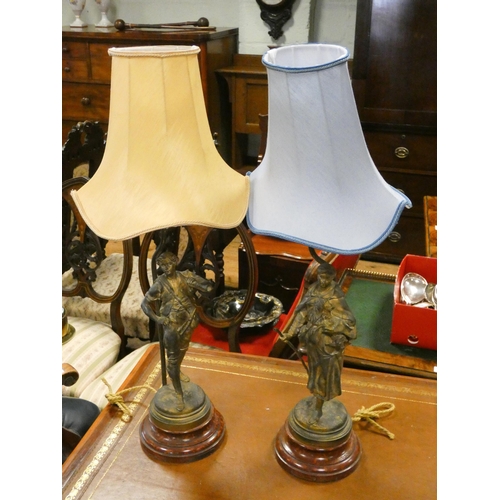 95 - A pair of Victorian gilt spelter figure table lamps - shepherdess and a horn blower