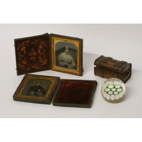 291 - Two Victorian daguerreotypes, a treen trunk trinket box and a millefiore glass paperweight