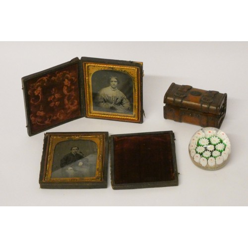 291 - Two Victorian daguerreotypes, a treen trunk trinket box and a millefiore glass paperweight