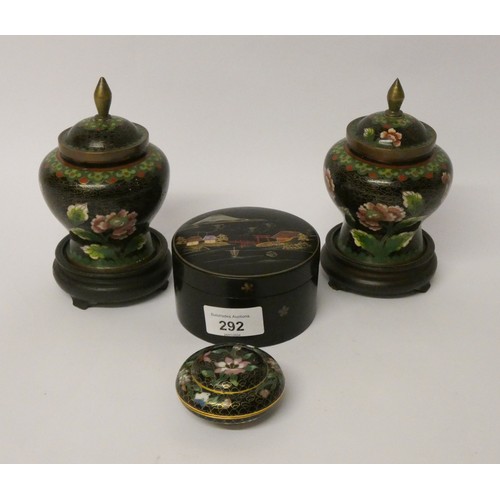 292 - Pair of cloisonné vases and covers, circular trinket box and an oriental lacquer circular trinket bo... 