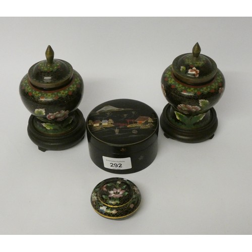 292 - Pair of cloisonné vases and covers, circular trinket box and an oriental lacquer circular trinket bo... 