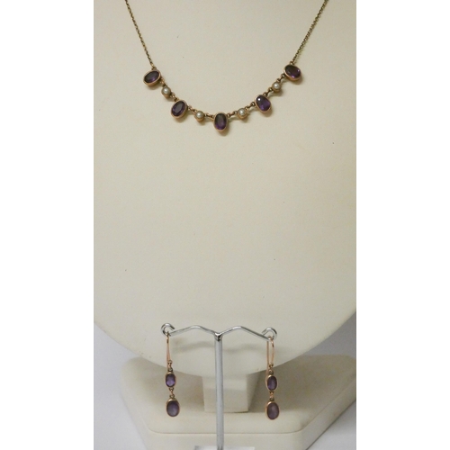 598 - Amethyst and seed pearl necklace set in 9ct hallmarked rose gold, together with a pair of matching d... 