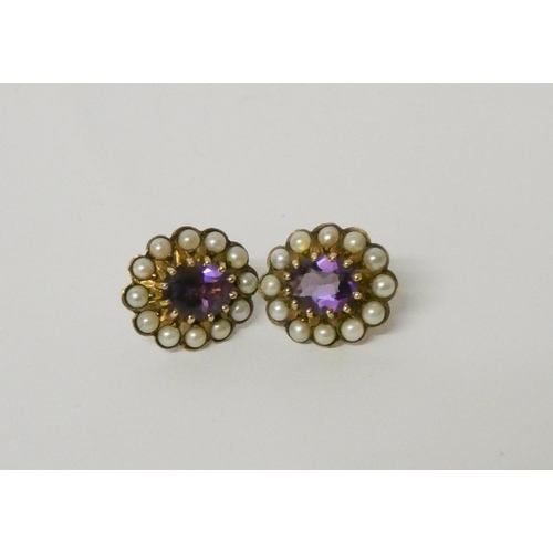 599 - A pair of amethyst and pearl oval cluster earrings, on hallmarked 9ct gold settings and posts.