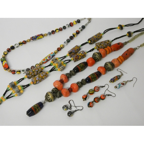 613 - An old Berber necklace and some Millefiore beads -two necklaces and three pairs of drop earrings