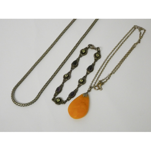 614 - A silver necklace with Troll Bead ornate clasp, butterscotch amber pendant on gold plated chain and ... 