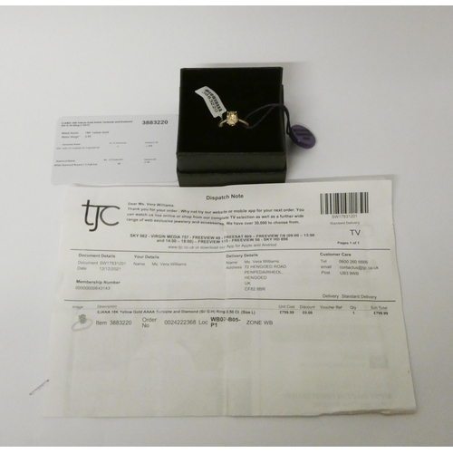 625 - Iliana - modern 18ct gold diamond and Turkizite dress ring, as new with tags, box and certificate, r... 