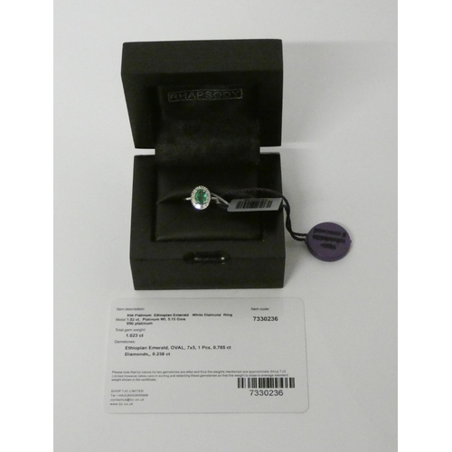 627 - Rhapsody Platinum Emerald and Diamond cluster ring, as new with certificate, box and tags. Ring Size... 