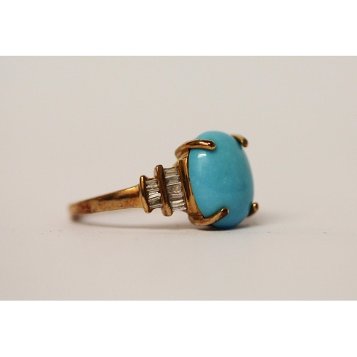 630 - Turquoise and diamond modern dress ring in 9ct yellow gold, ring size M, weight 2.5g, with certifica... 