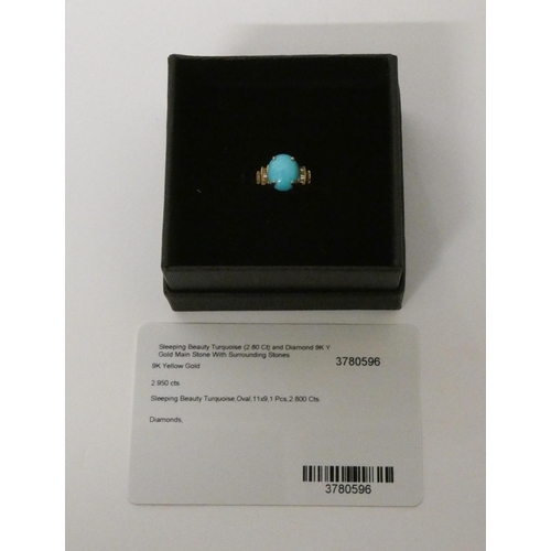 630 - Turquoise and diamond modern dress ring in 9ct yellow gold, ring size M, weight 2.5g, with certifica... 