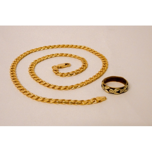 641 - 9ct gold wedding band, weight 5 grams and a silver gilt neck chain