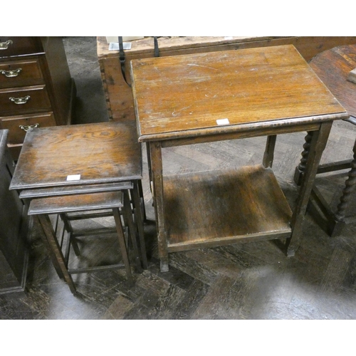 149 - A nest of three oak coffee tables and an oak two tier occasional table