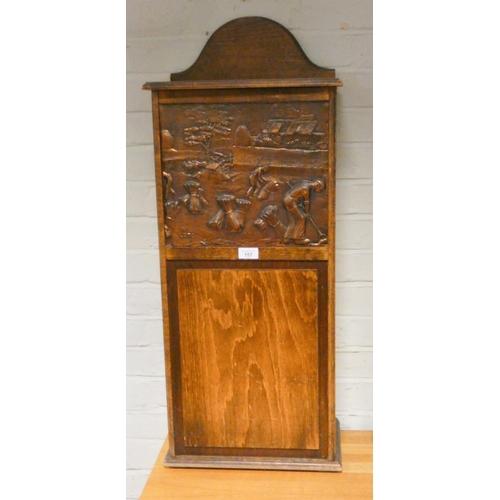 157 - A French oak Baguette box with copper embossed panel of harvest scene