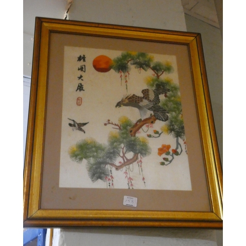 158 - Japanese silk work picture of tiger and another of eagle in tree