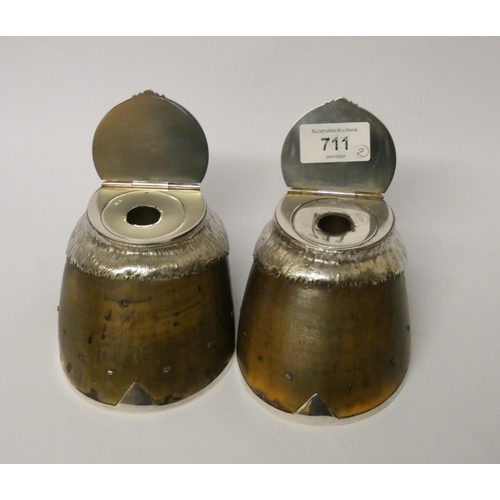 711 - Two late 19th century Rowland Ward silver plate mounted horse hoof inkwells, 10.5cms diameter, 8cms ... 