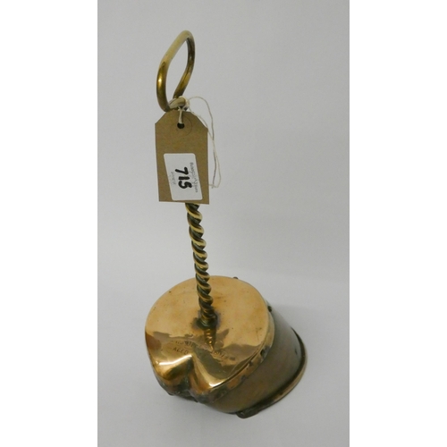 715 - A Victorian brass mounted horse hoof doorstop, engraved 'Billy 1867 aged 24 years'.  30cms tall