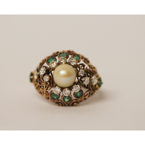 539 - A vintage pearl, emerald and diamond cocktail ring, in openwork rose gold tests as 14ct, ring size P... 