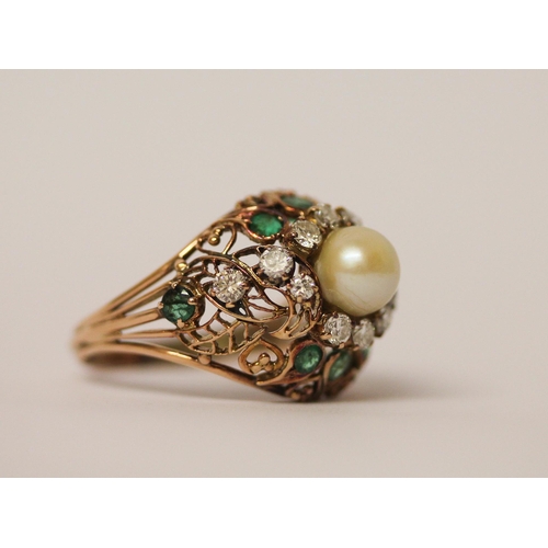 539 - A vintage pearl, emerald and diamond cocktail ring, in openwork rose gold tests as 14ct, ring size P... 