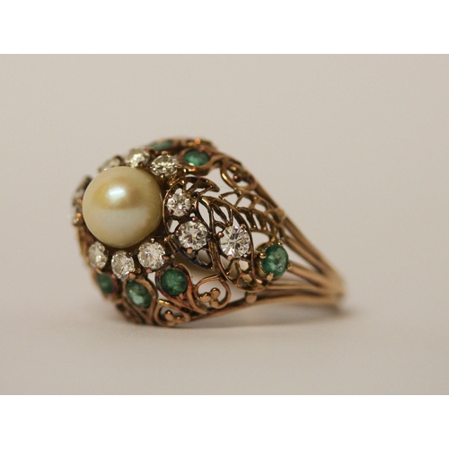 539 - A vintage pearl, emerald and diamond cocktail ring, in openwork rose gold tests as 14ct, ring size P... 