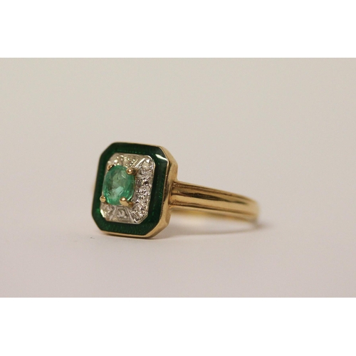 540 - Modern emerald and diamond art deco style cluster ring, on 14ct gold band. Ring size M, weight 2.3g