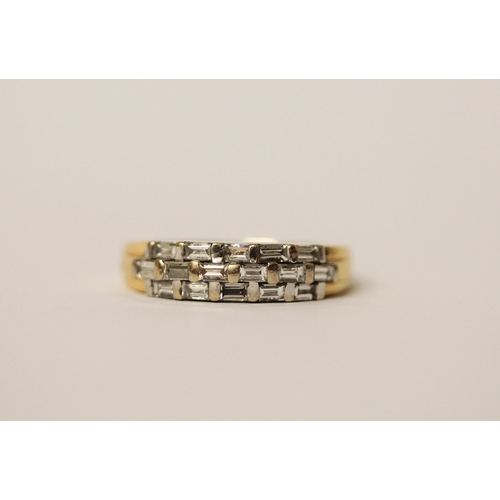 544 - Modern baguette cut diamond set half hoop eternity ring, in hallmarked 18ct gold, ring size M, weigh... 