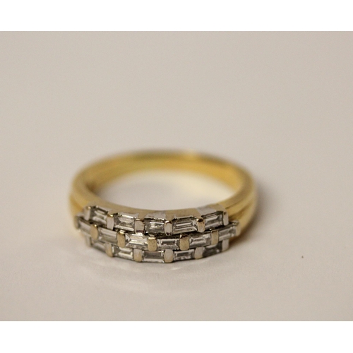 544 - Modern baguette cut diamond set half hoop eternity ring, in hallmarked 18ct gold, ring size M, weigh... 