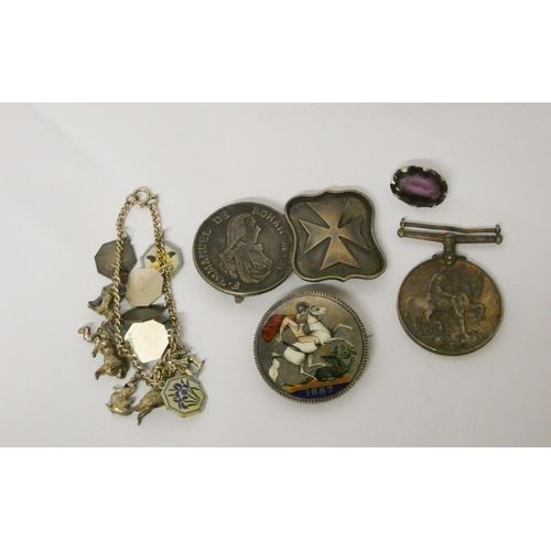 650 - Enamel silver crown brooch, other coin/medallion brooches, silver charm bracelet etc